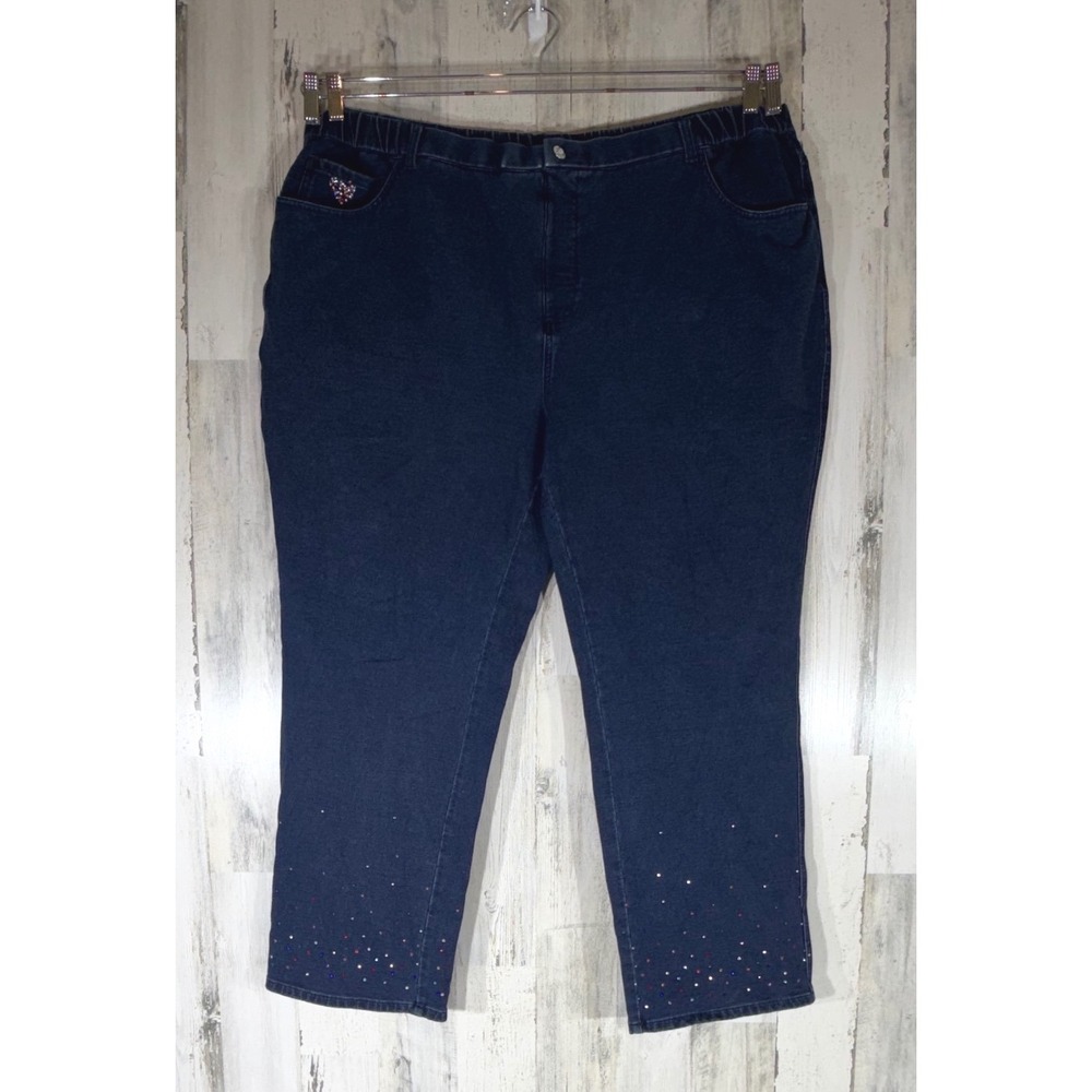 Quacker Factory DreamJeannes 3X Short Dark Wash Pull On Jeans Rhinestone Hems